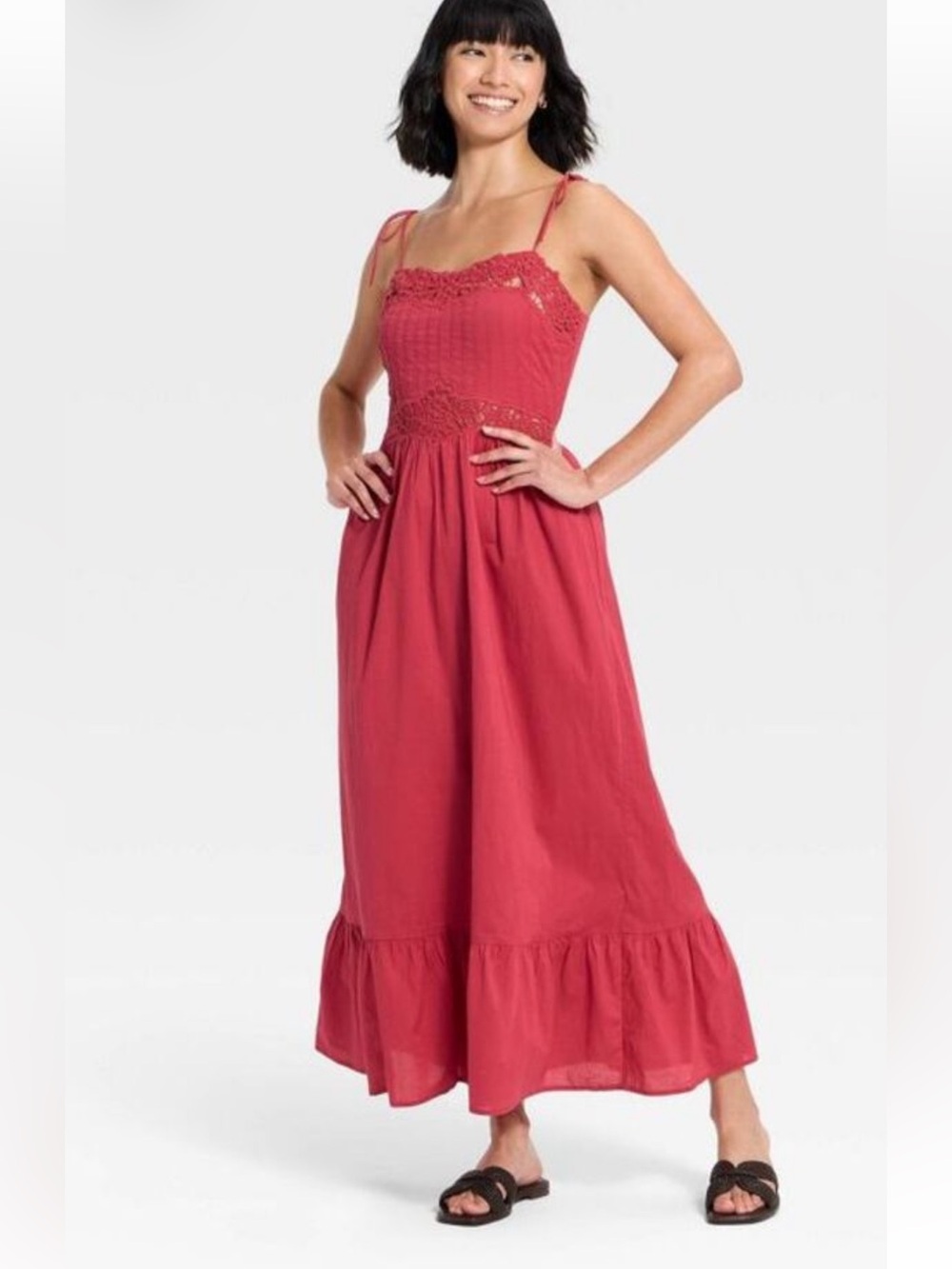 Universal Thread NWT S Tie-Shoulder LIGHT RED Crochet-Trim Maxi LINED Dress